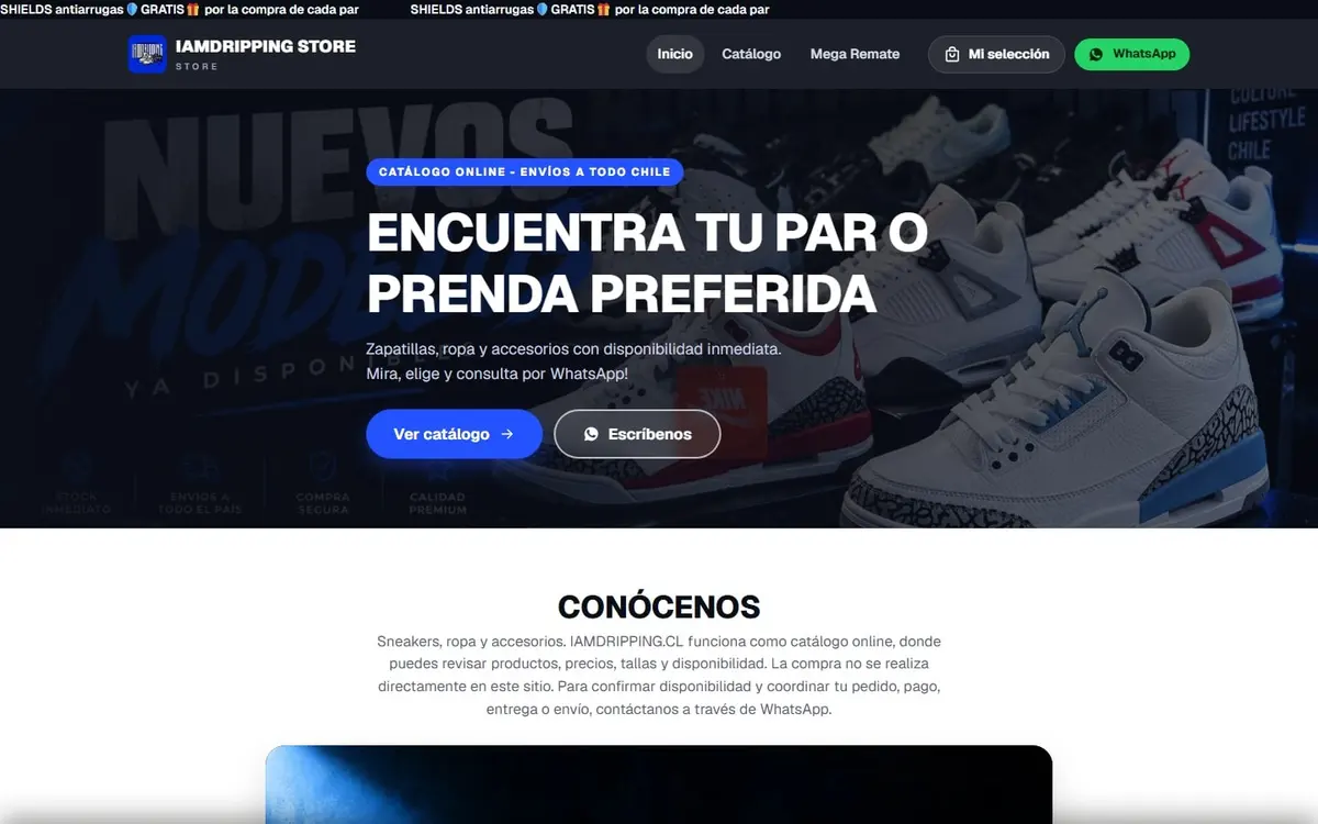 Página de inicio de IAMDRIPPING con zapatillas, navegación al catálogo y botón de WhatsApp