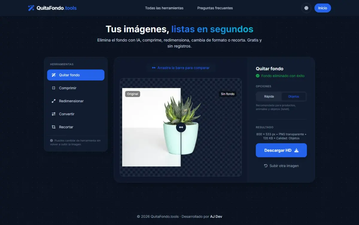 Interfaz de QuitaFondo.tools con comparador antes y después